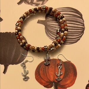 Hand Crafted Multicolor Beaded Cactus Bracelet and Earrings